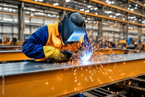 A worker welding metal beams, sparks flying as they use a welding torch in an industrial setting