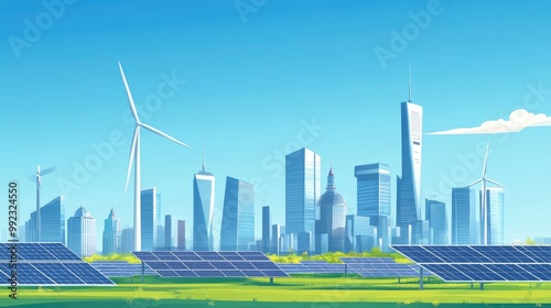 Wind turbines and solar panels in the foreground, with a modern city skyline against a clear blue sky, representing clean energy for smart cities.