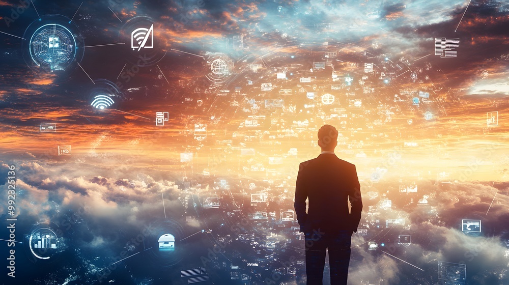 Fototapeta premium Digital marketing, Global business, IoT Internet of Things, business strategy concept. Businessman touching on global network with technology icons. 