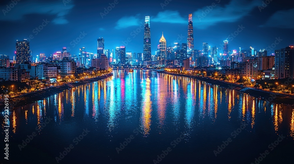 Night Cityscape with Skyscrapers Reflecting in Water Night Cityscape with Skyscrapers Reflecting in Water