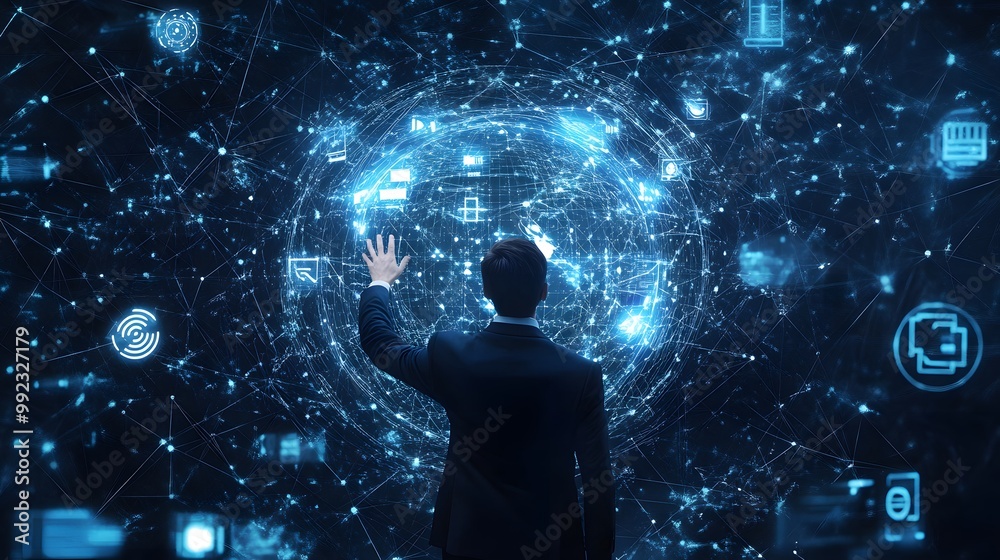 Digital marketing, Global business, IoT Internet of Things, business strategy concept. Businessman touching on global network with technology icons. Digital marketing, Global business, IoT Internet of Things, business strategy concept. Businessman touching on global network with technology icons.