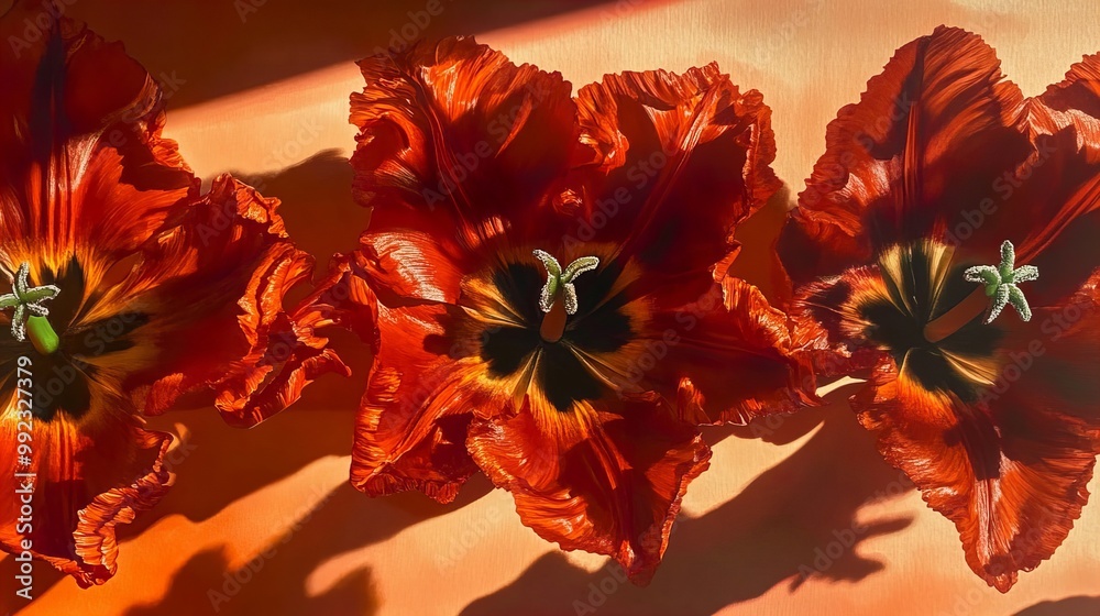 Fototapeta premium Close-up of three red parrot tulips with black and yellow markings on a peach-colored background.