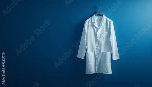 A White Lab Coat Hanging on a Hanger Against a Blue Wall