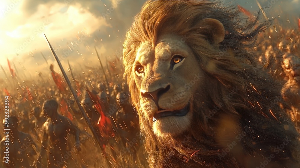 Obraz premium Lion King Majestic Lion with Army in the Background