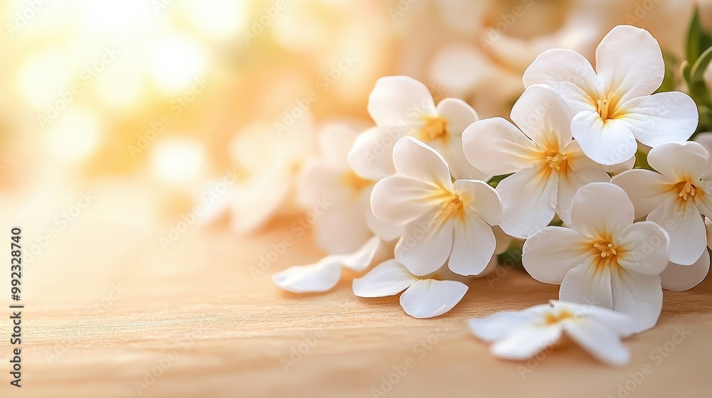White Flowers on Wooden Surface with Soft Sunlit Background