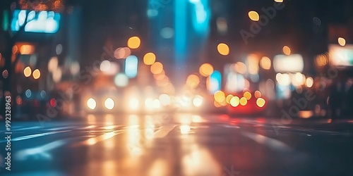 Urban Nightlife: Blurred City Streetlights and Reflections