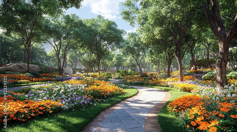 Obraz premium Stone Path Winding Through a Lush Flower Garden