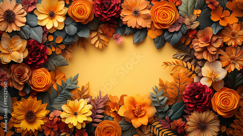 Colorful autumn floral arrangement with vibrant yellow and rich orange flowers and foliage, soft lighting and subtle shadows, perfect for fall-themed designs and decorations.