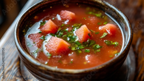 Refreshing Gazpacho with Watermelon in Rustic Brown Bowl