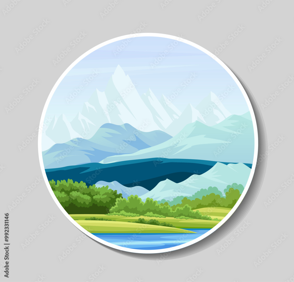 Fototapeta premium Emblem with mountains. Beautiful natural panorama and landscape. Lake near forest. Wildlife reserve. Travel and trip. Poster or banner. Flat vector illustration
