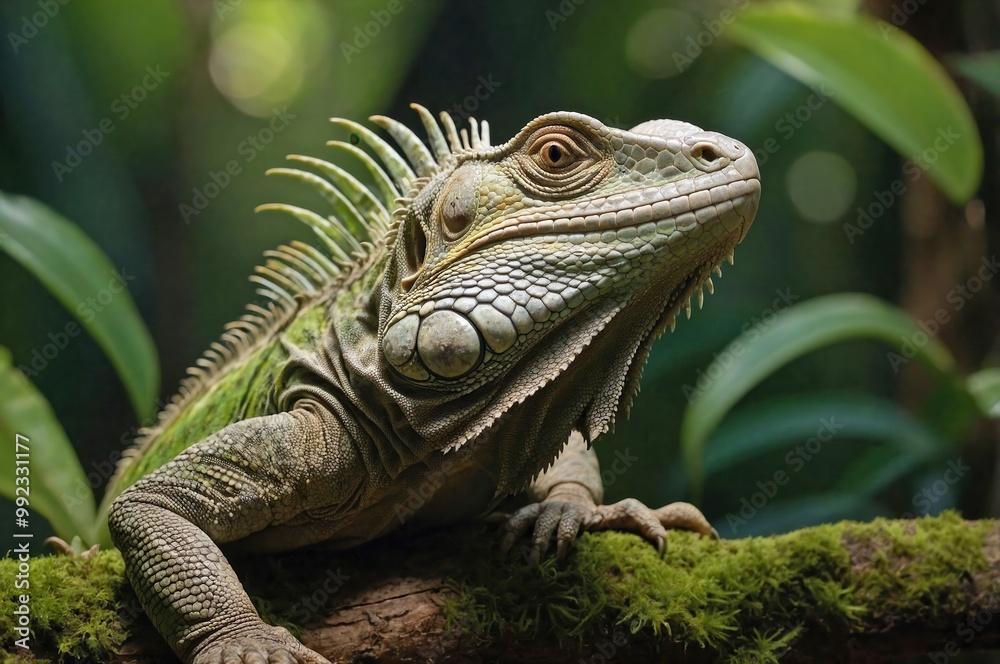 Iguana Basking on a Sunlit Tree Branch in the Rainforest Canopy Iguana Basking on a Sunlit Tree Branch in the Rainforest Canopy
