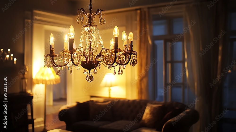 Fototapeta premium Crystal Chandelier Hanging in a Dimly Lit Room