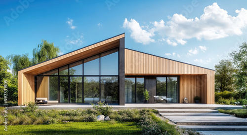 A modern black house with wooden accents. In front of the home is an open-air patio area surrounded by green grass and a blue sky.