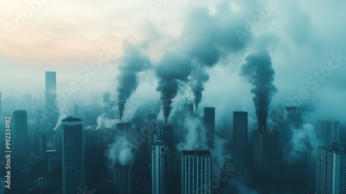 Smoke from factories merging into clouds above a busy city, illustrating the environmental impact of industrialization