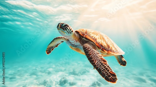 Sea turtle swimming through plastic waste in the ocean, symbolizing the threat of pollution to marine life photo