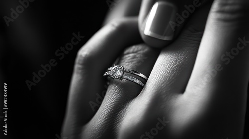 Close-up of a diamond ring on a woman's finger.