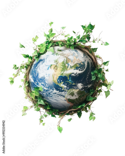 Earth surrounded by green vines, white isolate background photo