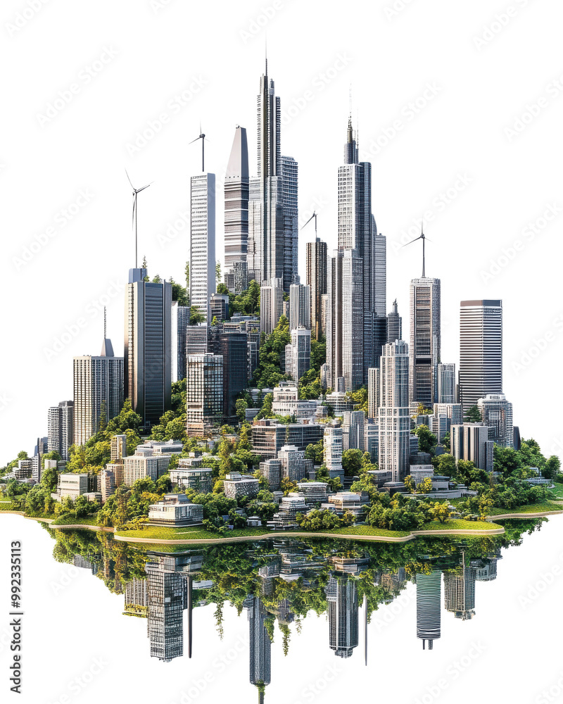 Obraz premium Futuristic city skyline with greenery, white isolated background.