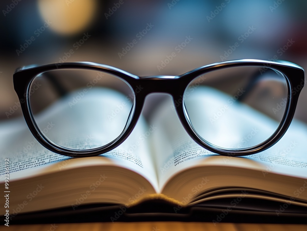 Reading glasses resting on an open book with blurred background and warm lighting Reading glasses resting on an open book with blurred background and warm lighting