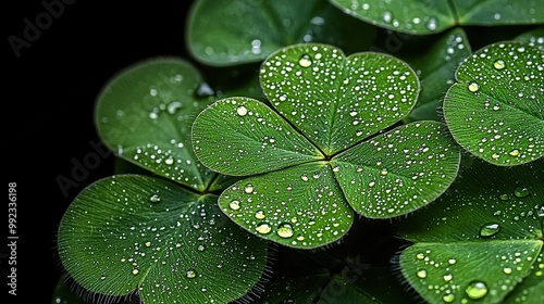 Green Clover Leaves With Dew Drops Closeup Macro Photography