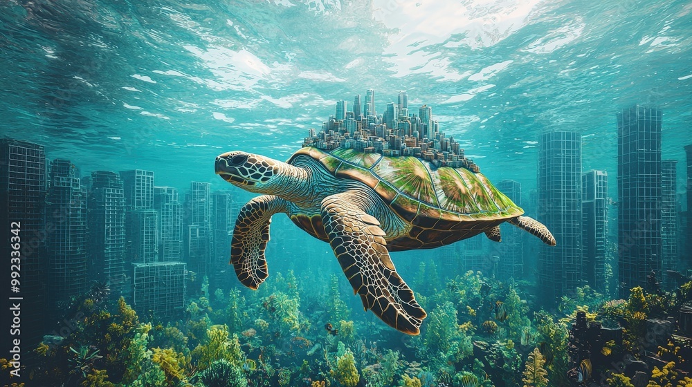 Obraz premium Sea Turtle Carrying City Under Water Surreal Cityscape Underwater World Ocean Fantasy Green Sea Turtle Underwater Cityscape
