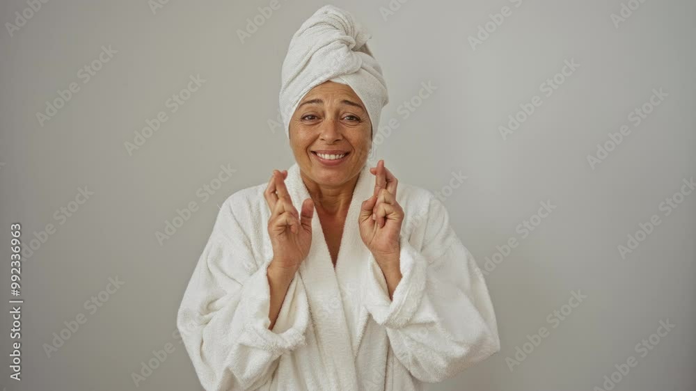 Middle age woman wearing towel and bathrobe, gesturing with crossed fingers, eyes closed in hope for luck, over isolated white background Middle age woman wearing towel and bathrobe, gesturing with crossed fingers, eyes closed in hope for luck, over isolated white background