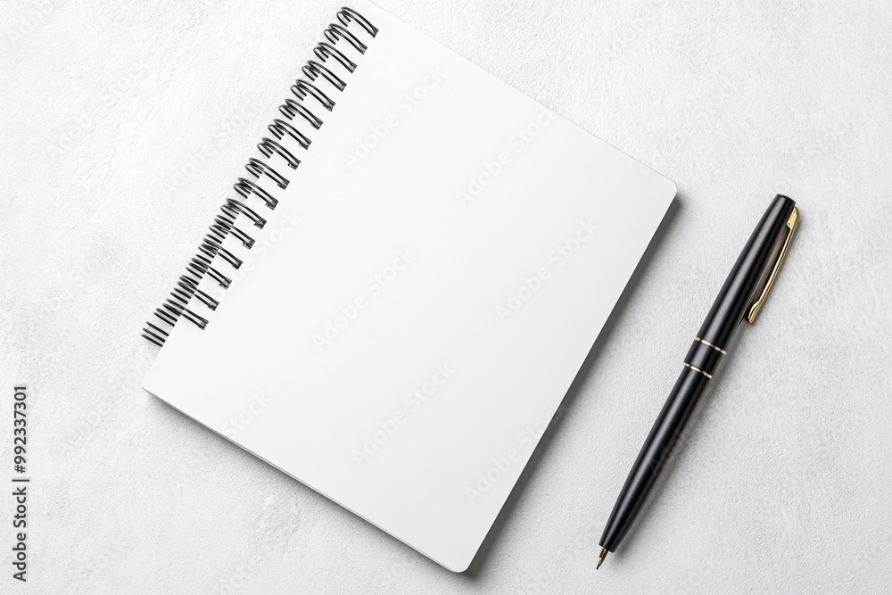 A plain notebook and pen on a white surface, representing the basic tools of learning in adult education A plain notebook and pen on a white surface, representing the basic tools of learning in adult education