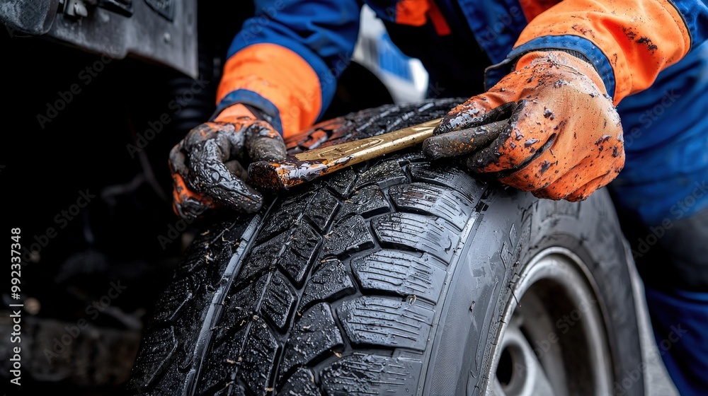 Close up of mechanic s hands checking tire tread depth with a tire gauge Close up of mechanic s hands checking tire tread depth with a tire gauge