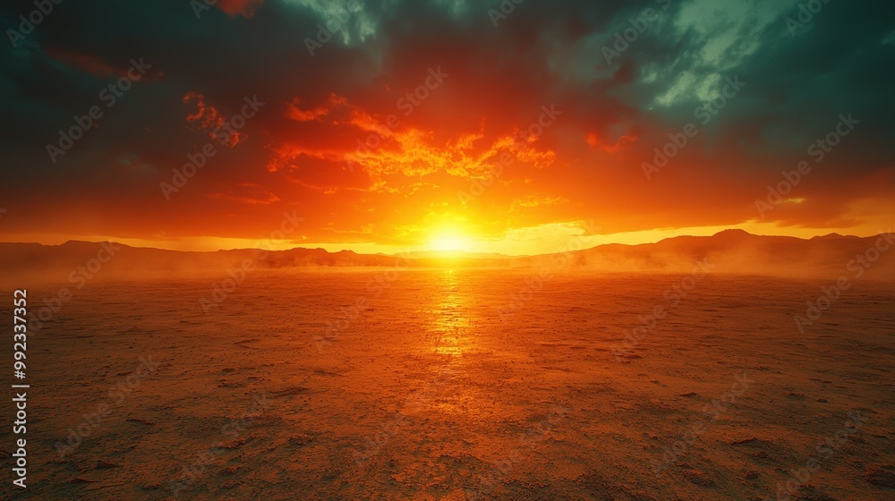 Obraz premium Dramatic Sunset Over Desert Landscape with Mountains Silhouette