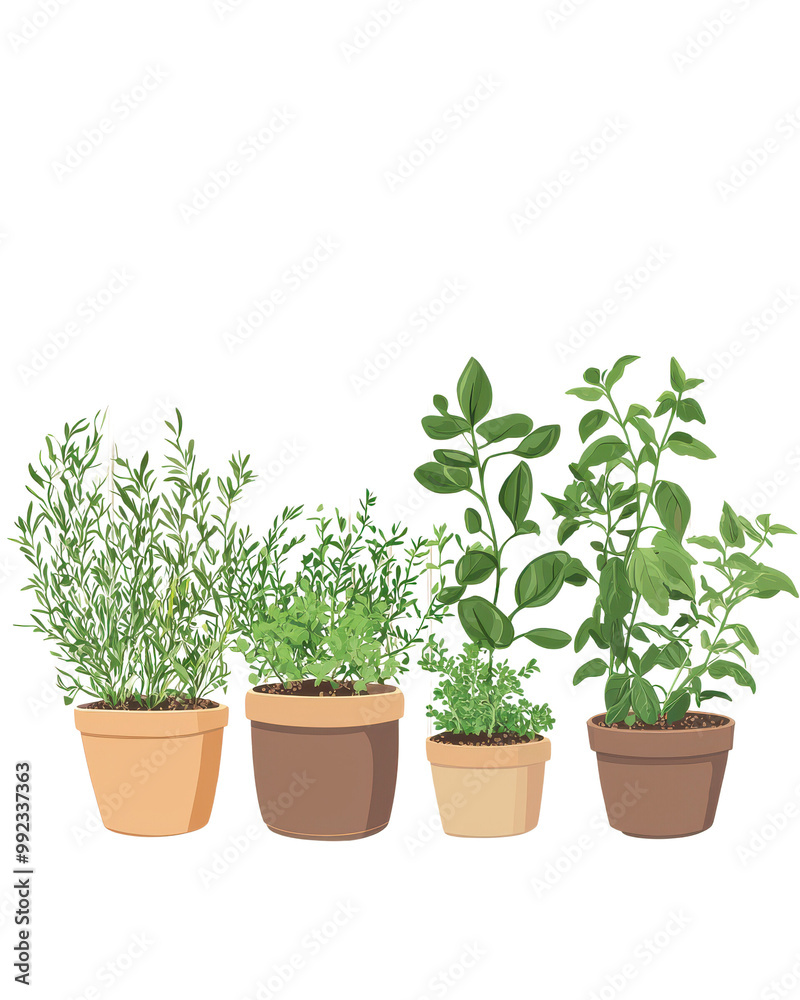 Herb pots, fresh plants, white isolate background Herb pots, fresh plants, white isolate background