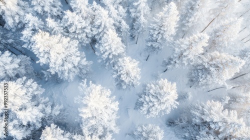 Aerial View of a Snowy Forest with Pine Trees in Winter