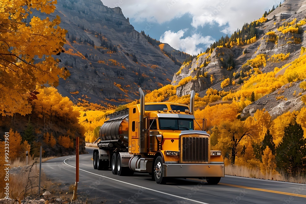 Obraz premium Truck on the road in the mountains with colorful autumn
