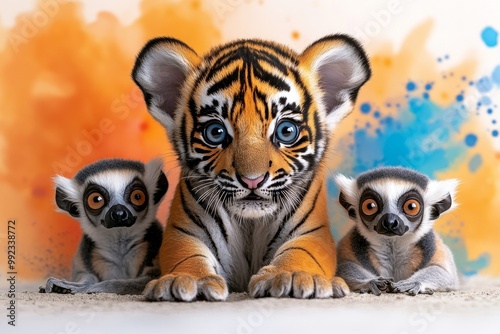 A playful tiger cub and two curious lemurs, all with big, sparkling eyes, sitting together with vibrant orange and blue watercolor splashes behind them photo