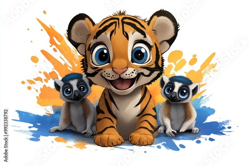 A playful tiger cub and two curious lemurs, all with big, sparkling eyes, sitting together with vibrant orange and blue watercolor splashes behind them photo