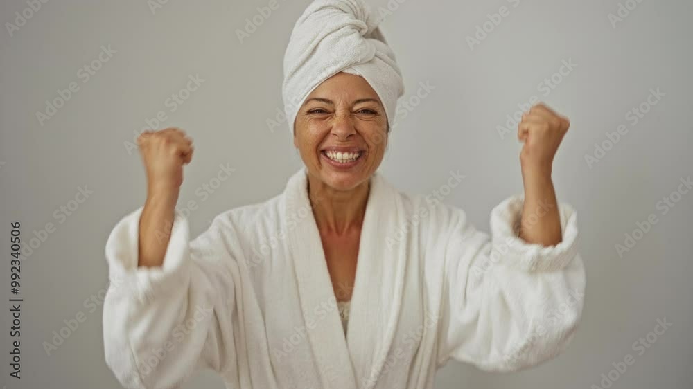 Winner middle age woman wearing bathrobe and towel celebrating success with happy, excited gesture over isolated white background, screaming for joy and victory Winner middle age woman wearing bathrobe and towel celebrating success with happy, excited gesture over isolated white background, screaming for joy and victory