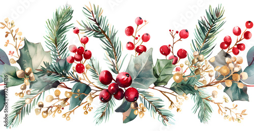 A Christmas wreath with red berries and green leaves