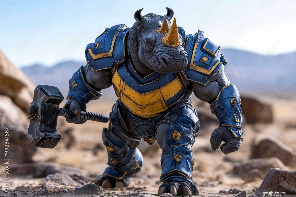 A rhinoceros warrior in massive armor, holding a heavy mace, charging into battle across a rocky desert landscape A rhinoceros warrior in massive armor, holding a heavy mace, charging into battle across a rocky desert landscape