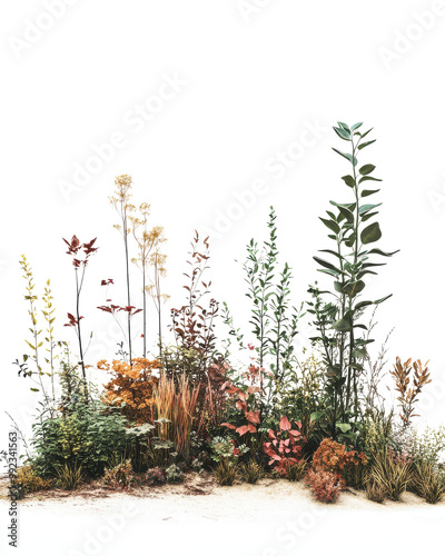 Variety of colorful plants, white isolate background.