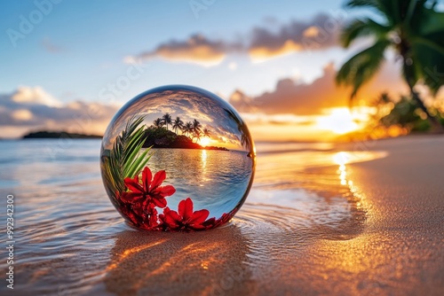 A serene water sphere with a tropical island and red flowers, glowing softly on a golden beach with the sun setting in the background