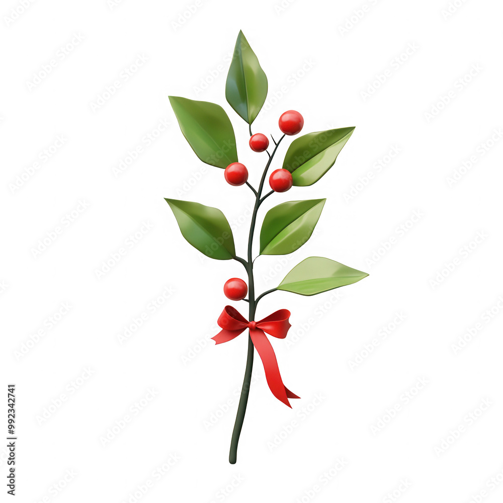 Obraz premium A red ribbon is tied around a green leafy stem