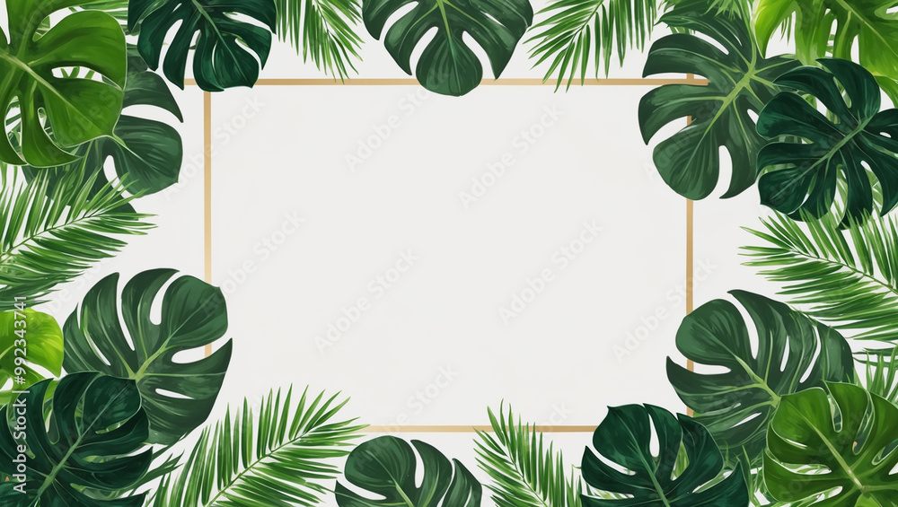 This tropical background features lush green monstera and palm leaves arranged around the edges, with a blank white center, creating a modern and vibrant nature-inspired design. This tropical background features lush green monstera and palm leaves arranged around the edges, with a blank white center, creating a modern and vibrant nature-inspired design.