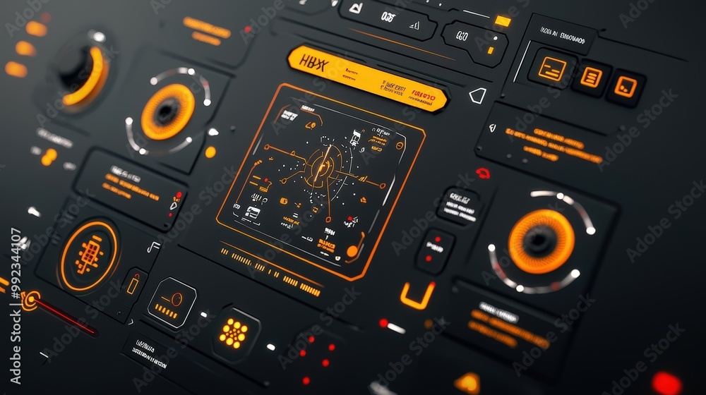Obraz premium Futuristic Interface Design with Glowing Orange Buttons and Display