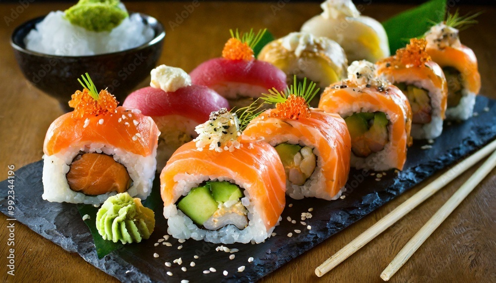 A vibrant sushi platter displays delicate rolls of fresh tuna, salmon, and avocado, accented with tobiko, sesame seeds, and ribbons of cucumber, creating an artistic and flavorful feast. A vibrant sushi platter displays delicate rolls of fresh tuna, salmon, and avocado, accented with tobiko, sesame seeds, and ribbons of cucumber, creating an artistic and flavorful feast.