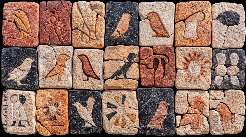 Obraz premium Ancient Egyptian Hieroglyphics Stone Carving Wall Pattern