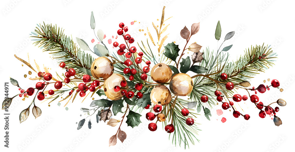 custom made wallpaper toronto digitalA watercolor painting of a Christmas tree with red berries and bells