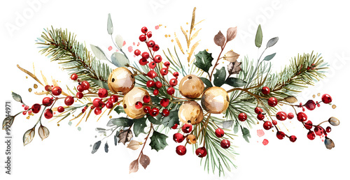 A watercolor painting of a Christmas tree with red berries and bells