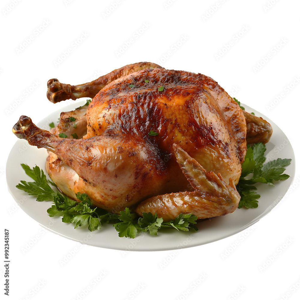 A large roasted chicken is sitting on a white plate with parsley and other herbs A large roasted chicken is sitting on a white plate with parsley and other herbs