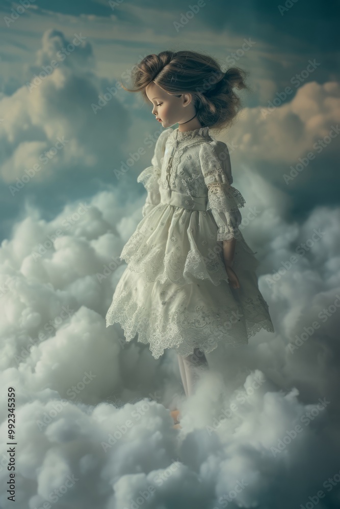 Ethereal woman in white dress standing on clouds