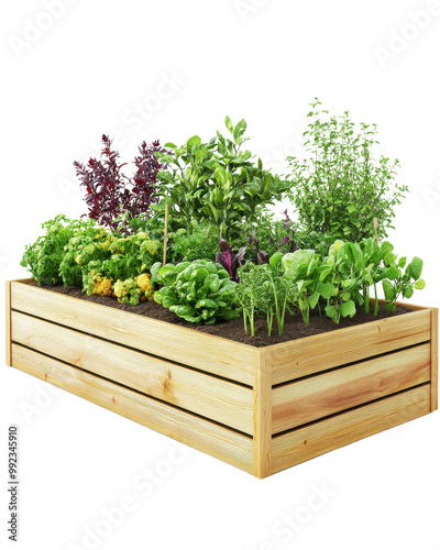 Wallpaper Mural Vibrant vegetable garden in a wooden raised bed, white isolated background Torontodigital.ca