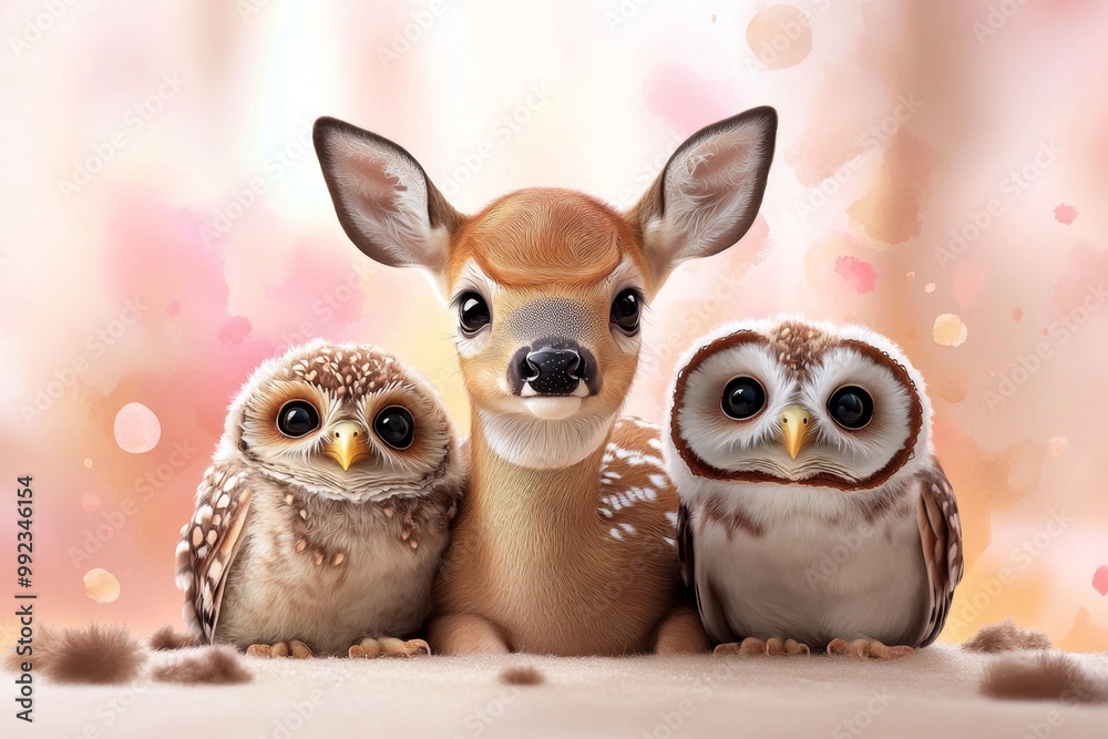 Obraz premium A sweet deer fawn and two little owls, snuggling close with large, innocent eyes, with watercolor splashes in soft pinks and browns behind them
